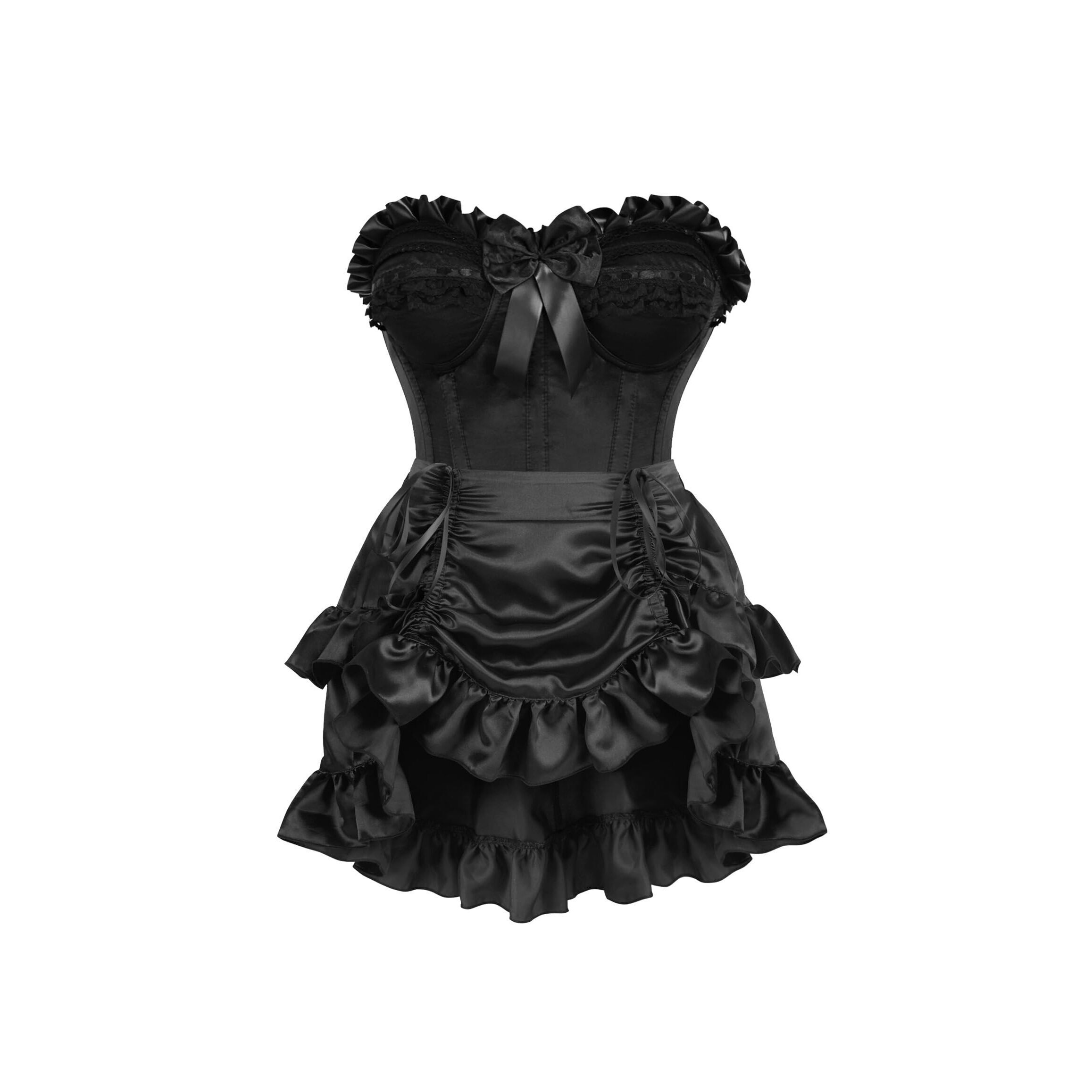2499 2 Pc Black Satin Steel Boned Corset & Skirt Set Bustier Dress